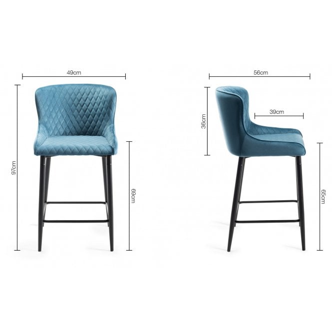 Diamond Stitch Blue Velvet Fabric Bar Stools with Black Legs (Pair)