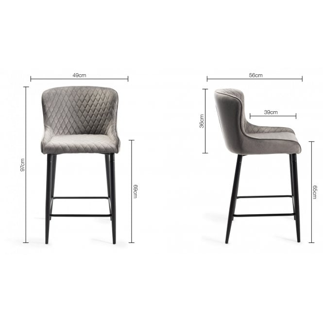 Diamond Stitch Grey Velvet Fabric Bar Stools with Black Legs (Pair)