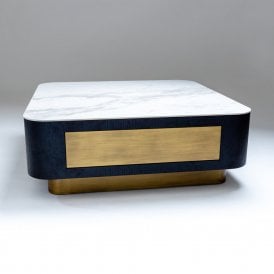 Carrara Square Coffee Table - Marble Effect & Brass With Drawer