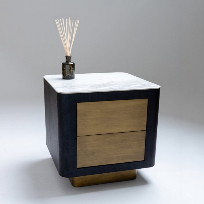 Nord Carrara Square Lamp Table - Marble Effect & Brass With Drawers
