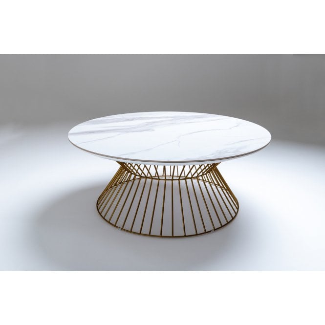 Nord Wire Circular Coffee Table - Ceramic Marble Effect & Brass Frame