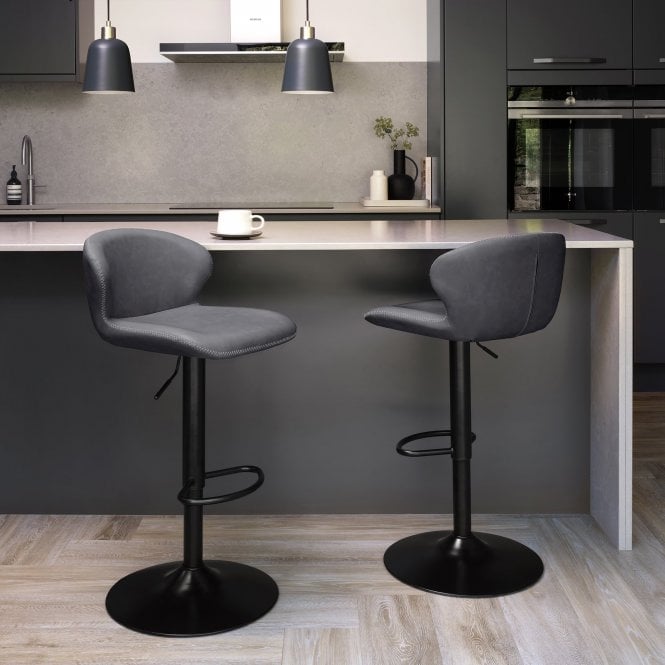 Solis Roland Gas Lift Swivel Bar Stool – Dark Grey Vintage Faux Leather – Black Base